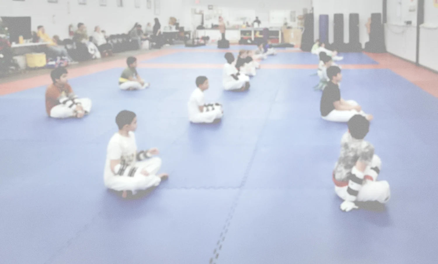 Large group of young students in white gis sitting during Taekwondo class
