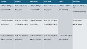 Tae Kwon Do Schedule